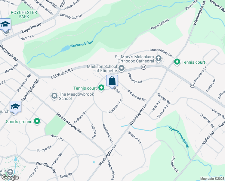 map of restaurants, bars, coffee shops, grocery stores, and more near 1436 Marshall Road in Meadowbrook