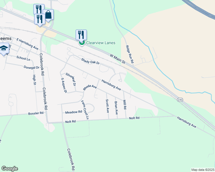map of restaurants, bars, coffee shops, grocery stores, and more near 1850 Harrisburg Avenue in Mount Joy
