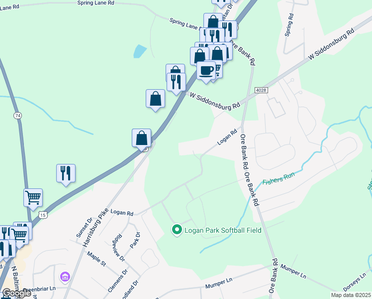 map of restaurants, bars, coffee shops, grocery stores, and more near 153 Logan Road in Dillsburg