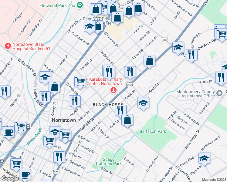 map of restaurants, bars, coffee shops, grocery stores, and more near 1444 Willow Street in Norristown