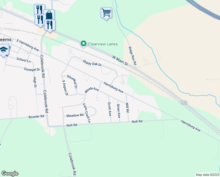 map of restaurants, bars, coffee shops, grocery stores, and more near 1850 Harrisburg Avenue in Mount Joy