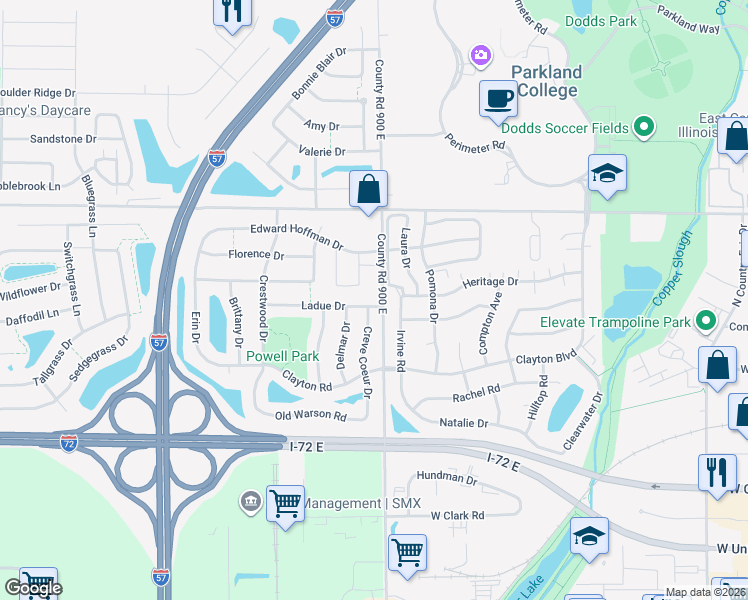 map of restaurants, bars, coffee shops, grocery stores, and more near 3002 Ladue Drive in Champaign
