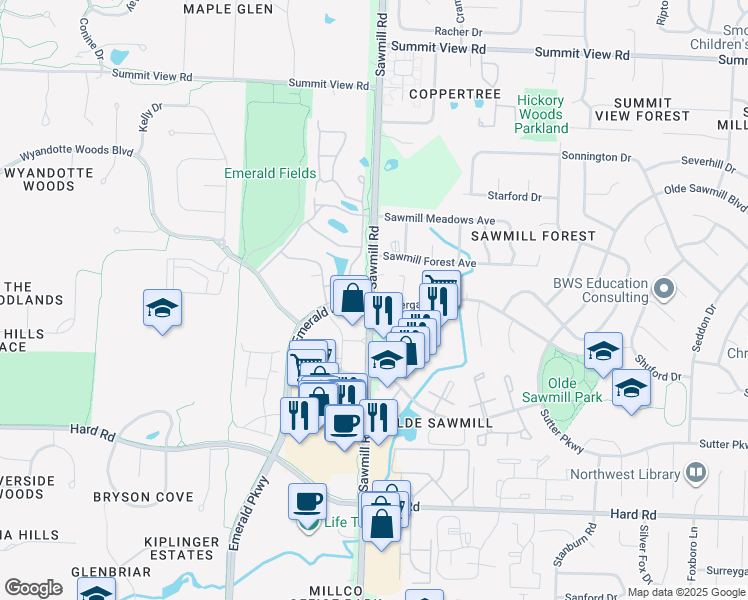 map of restaurants, bars, coffee shops, grocery stores, and more near 7752 Sawmill Road in Dublin