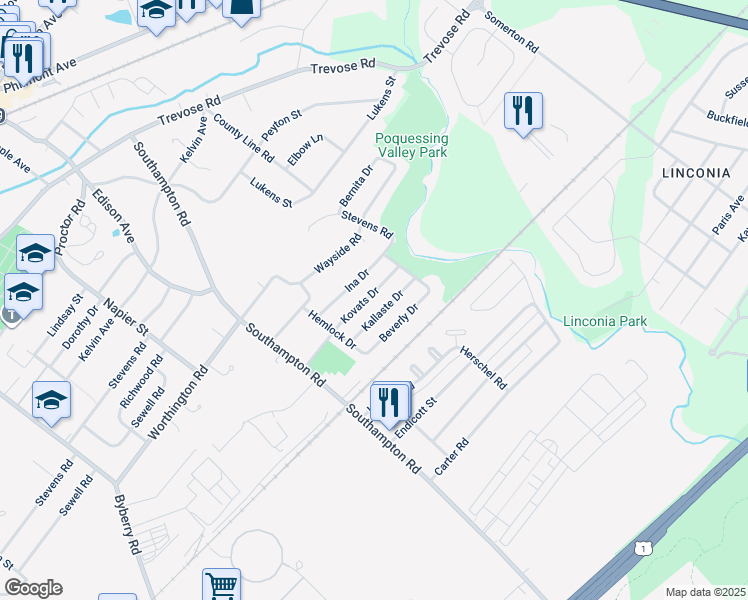 map of restaurants, bars, coffee shops, grocery stores, and more near 15133 Kovats Drive in Philadelphia