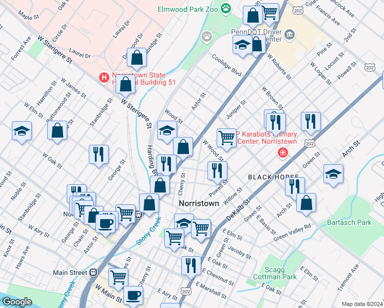 map of restaurants, bars, coffee shops, grocery stores, and more near 1240 Markley Street in Norristown