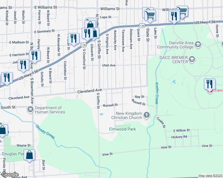 map of restaurants, bars, coffee shops, grocery stores, and more near 101 Elmwood Avenue in Danville