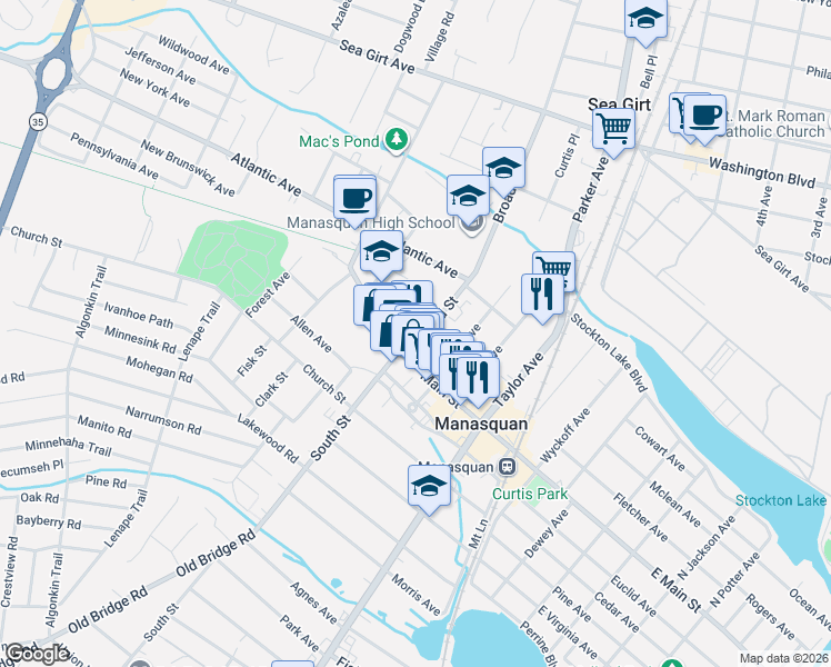 map of restaurants, bars, coffee shops, grocery stores, and more near 62 Main Street in Manasquan