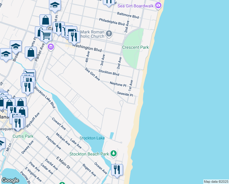 map of restaurants, bars, coffee shops, grocery stores, and more near 196 Seaside Place in Sea Girt