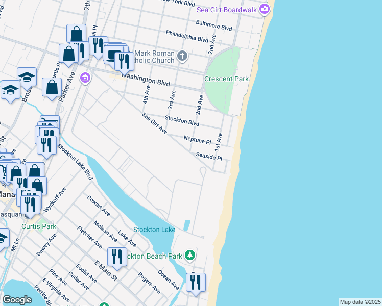 map of restaurants, bars, coffee shops, grocery stores, and more near 268 Seaside Place in Sea Girt