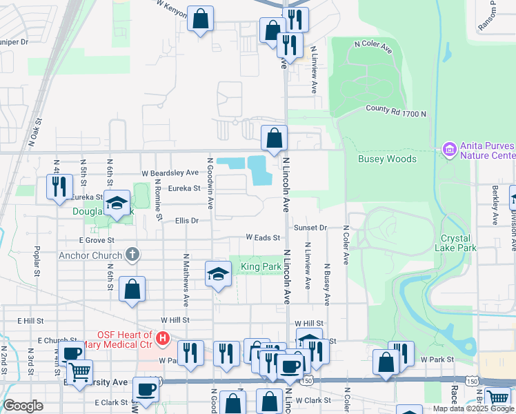 map of restaurants, bars, coffee shops, grocery stores, and more near 1321 North Lincoln Avenue in Urbana