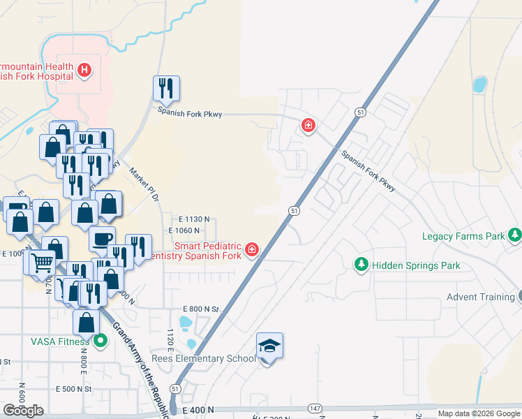 map of restaurants, bars, coffee shops, grocery stores, and more near 1205 Utah 51 in Spanish Fork