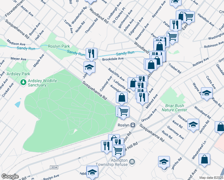 map of restaurants, bars, coffee shops, grocery stores, and more near 2457 Avondale Avenue in Abington