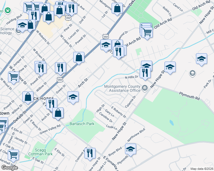 map of restaurants, bars, coffee shops, grocery stores, and more near 505 Glen Valley Drive in Norristown