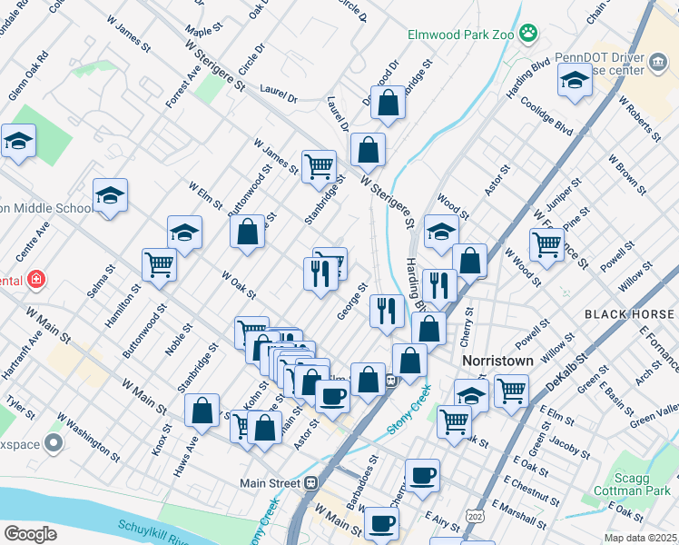 map of restaurants, bars, coffee shops, grocery stores, and more near 828 Haws Avenue in Norristown