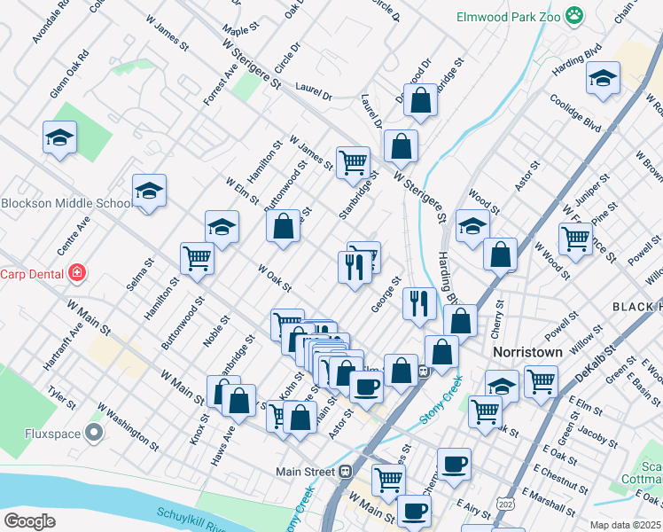 map of restaurants, bars, coffee shops, grocery stores, and more near 820 West Elm Street in Norristown