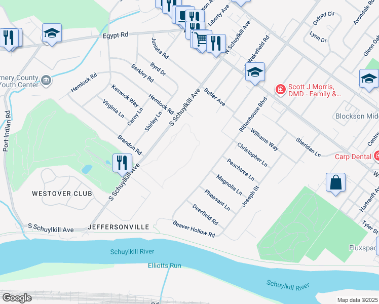 map of restaurants, bars, coffee shops, grocery stores, and more near 427 Brandon Road in Eagleville