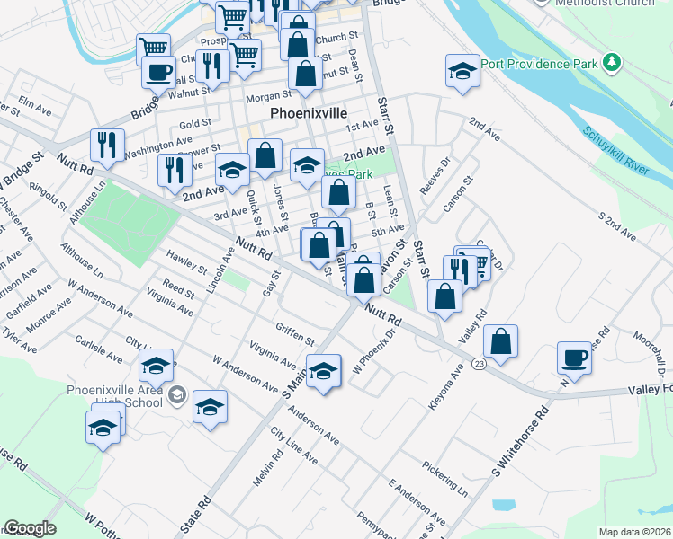 map of restaurants, bars, coffee shops, grocery stores, and more near 750 Main Street in Phoenixville