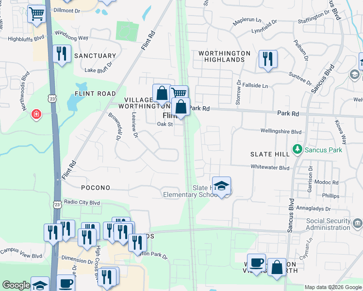 map of restaurants, bars, coffee shops, grocery stores, and more near 400 Greencamp Drive in Columbus