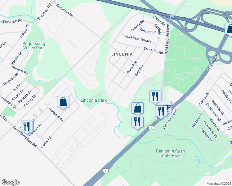 map of restaurants, bars, coffee shops, grocery stores, and more near 2354 Paris Avenue in Feasterville-Trevose