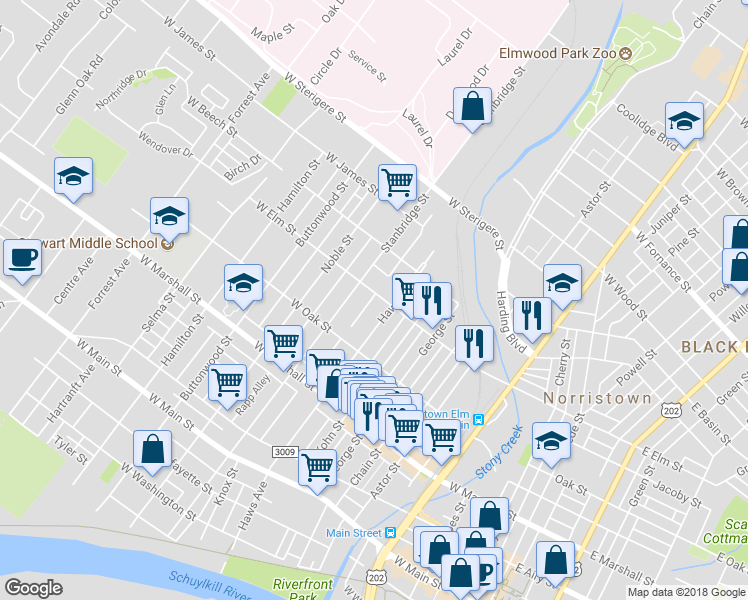 map of restaurants, bars, coffee shops, grocery stores, and more near 822 West Elm Street in Norristown