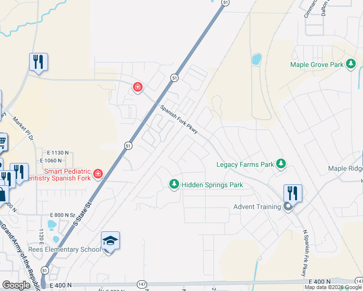 map of restaurants, bars, coffee shops, grocery stores, and more near 1178 Buckboard Lane in Spanish Fork