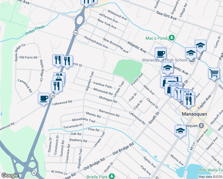 map of restaurants, bars, coffee shops, grocery stores, and more near 1109 Ivanhoe Path in Manasquan