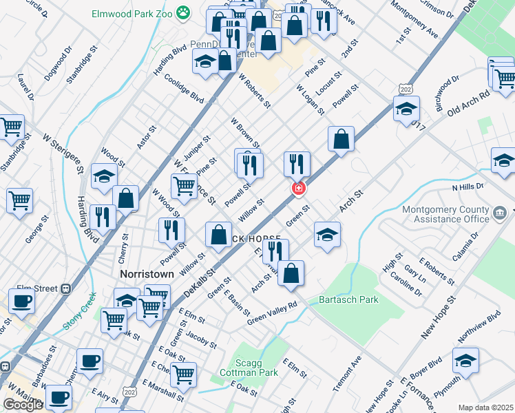 map of restaurants, bars, coffee shops, grocery stores, and more near 1444 Willow Street in Norristown