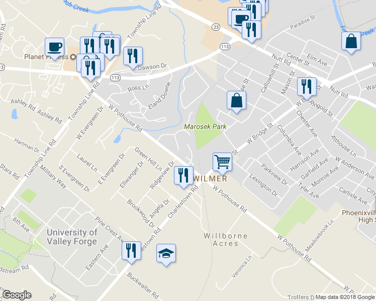 map of restaurants, bars, coffee shops, grocery stores, and more near 1229 Timothy Lane in Phoenixville