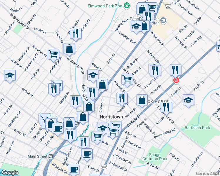 map of restaurants, bars, coffee shops, grocery stores, and more near 1241 Swede Street in Norristown