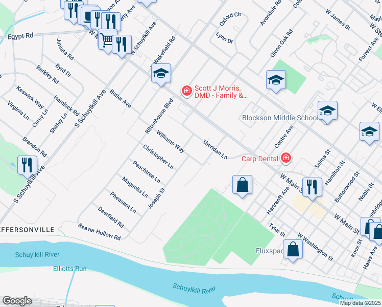 map of restaurants, bars, coffee shops, grocery stores, and more near 1633 Williams Way in Norristown