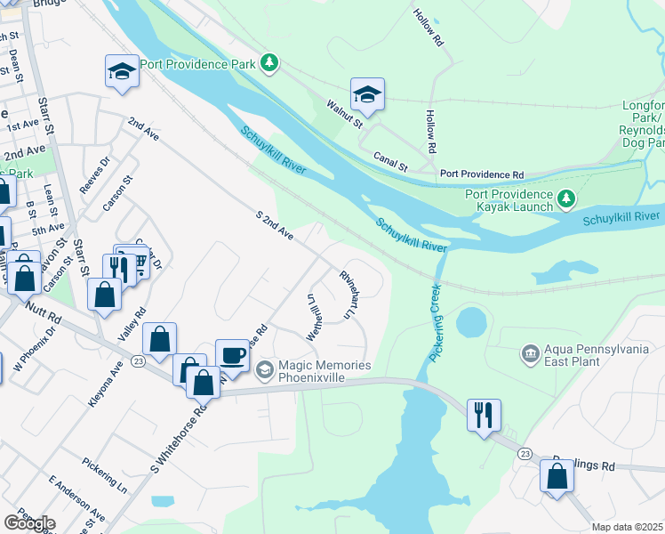 map of restaurants, bars, coffee shops, grocery stores, and more near 815 Rhinehart Lane in Phoenixville