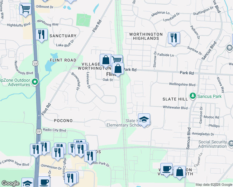 map of restaurants, bars, coffee shops, grocery stores, and more near 400 Greencamp Drive in Columbus
