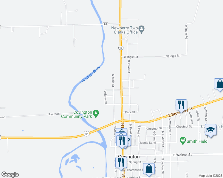 map of restaurants, bars, coffee shops, grocery stores, and more near 126 West Park Street in Covington
