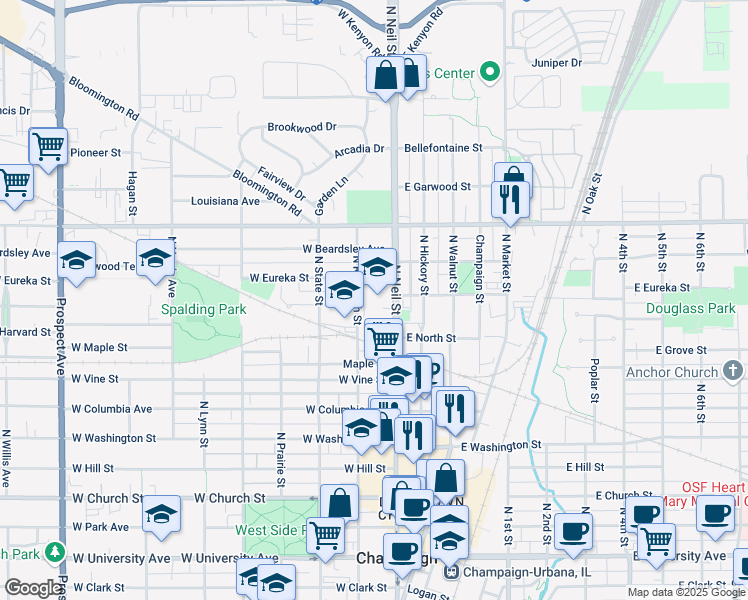 map of restaurants, bars, coffee shops, grocery stores, and more near 902 North Randolph Street in Champaign
