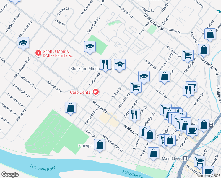 map of restaurants, bars, coffee shops, grocery stores, and more near 450 Forrest Avenue in Norristown