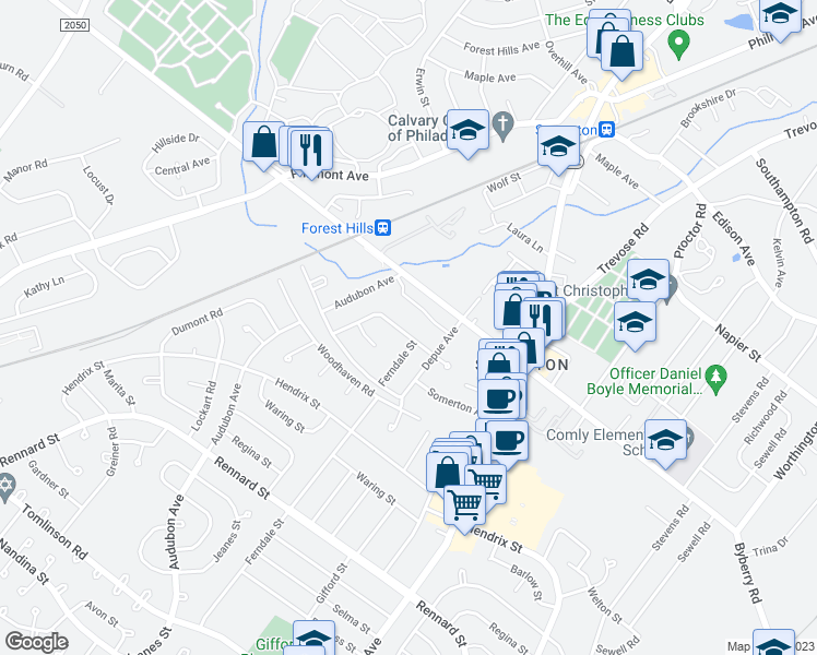 map of restaurants, bars, coffee shops, grocery stores, and more near 487 Pinewood Road in Philadelphia