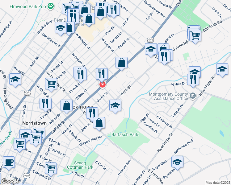 map of restaurants, bars, coffee shops, grocery stores, and more near 230 New Street in Norristown