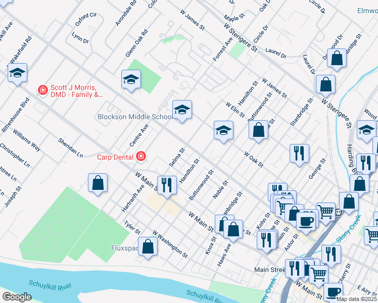 map of restaurants, bars, coffee shops, grocery stores, and more near 1228 West Marshall Street in Norristown