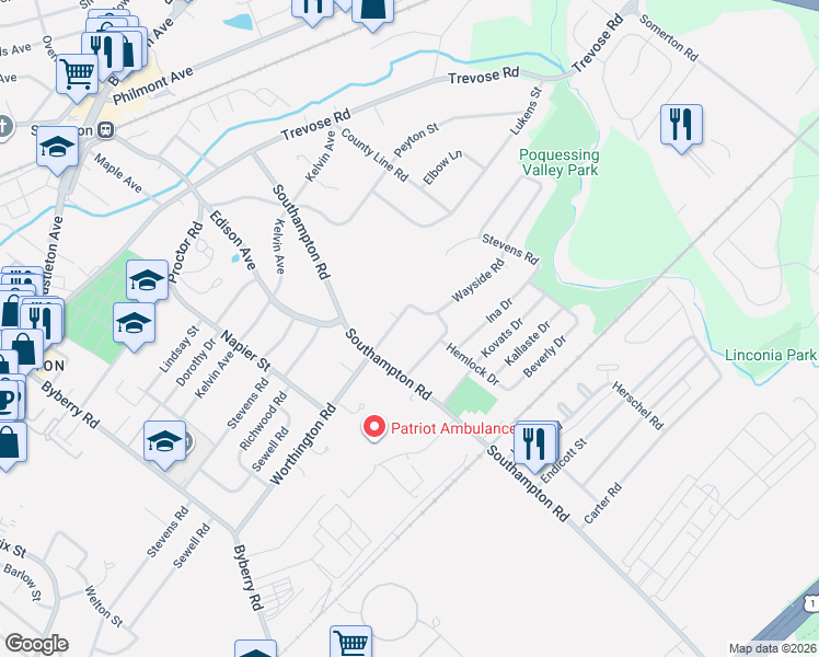 map of restaurants, bars, coffee shops, grocery stores, and more near 15023 Worthington Road in Philadelphia