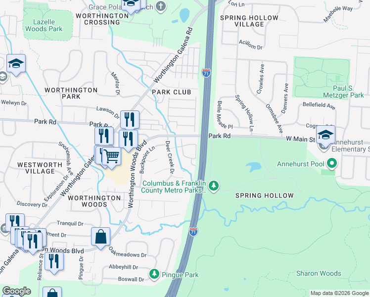 map of restaurants, bars, coffee shops, grocery stores, and more near 7692 Key Deer Drive in Columbus
