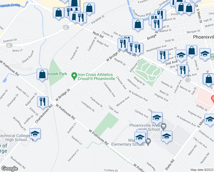 map of restaurants, bars, coffee shops, grocery stores, and more near Madison Avenue in Phoenixville