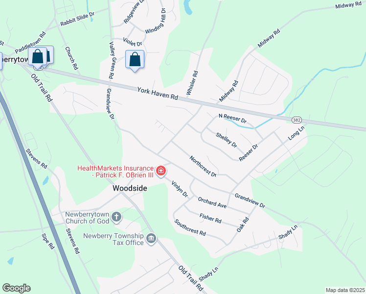 map of restaurants, bars, coffee shops, grocery stores, and more near 25 Northcrest Drive in York Haven