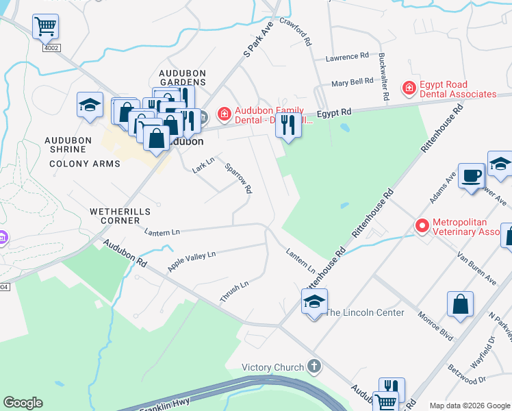 map of restaurants, bars, coffee shops, grocery stores, and more near 1120 Sparrow Road in Eagleville