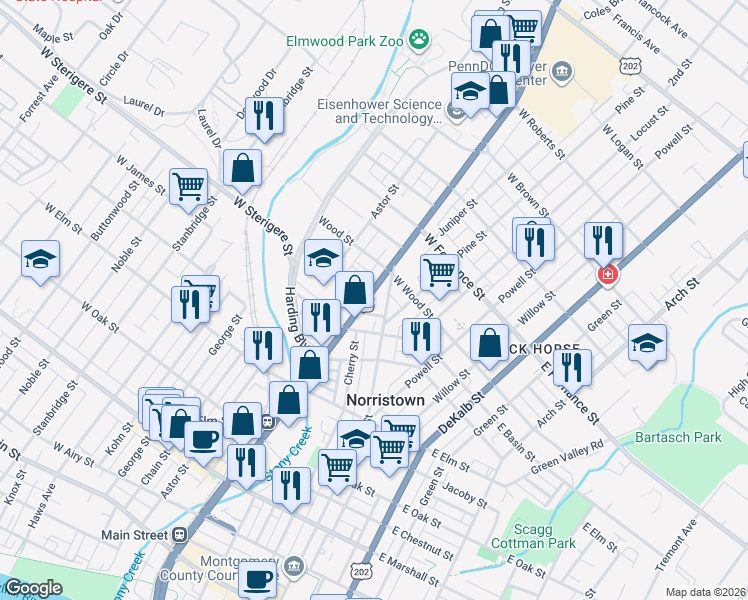 map of restaurants, bars, coffee shops, grocery stores, and more near 1246 Markley Street in Norristown
