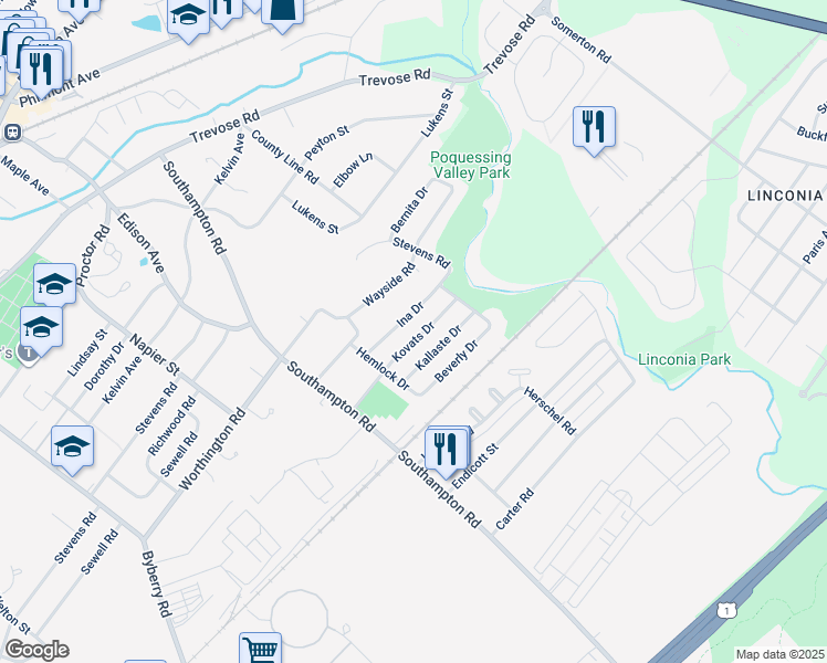 map of restaurants, bars, coffee shops, grocery stores, and more near 15128 Kovats Drive in Philadelphia