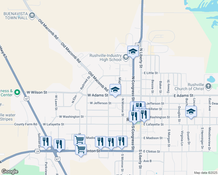 map of restaurants, bars, coffee shops, grocery stores, and more near 2-6 Spencer Lane in Rushville