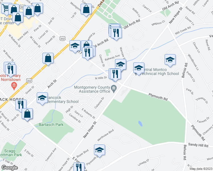 map of restaurants, bars, coffee shops, grocery stores, and more near 532 Russwood Drive in Norristown