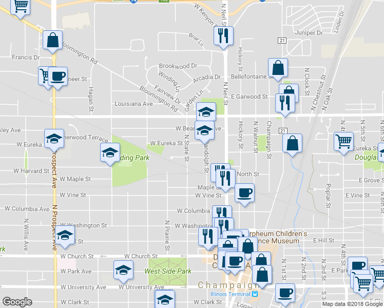 map of restaurants, bars, coffee shops, grocery stores, and more near 210 West Tremont Street in Champaign