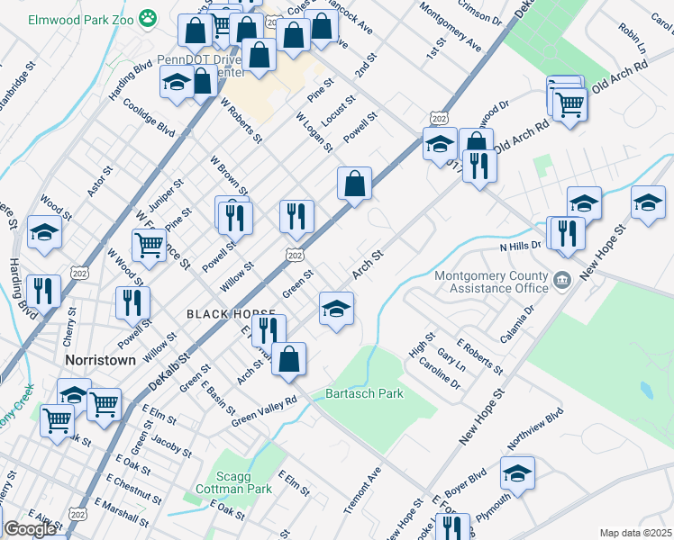 map of restaurants, bars, coffee shops, grocery stores, and more near 230 New Street in Norristown