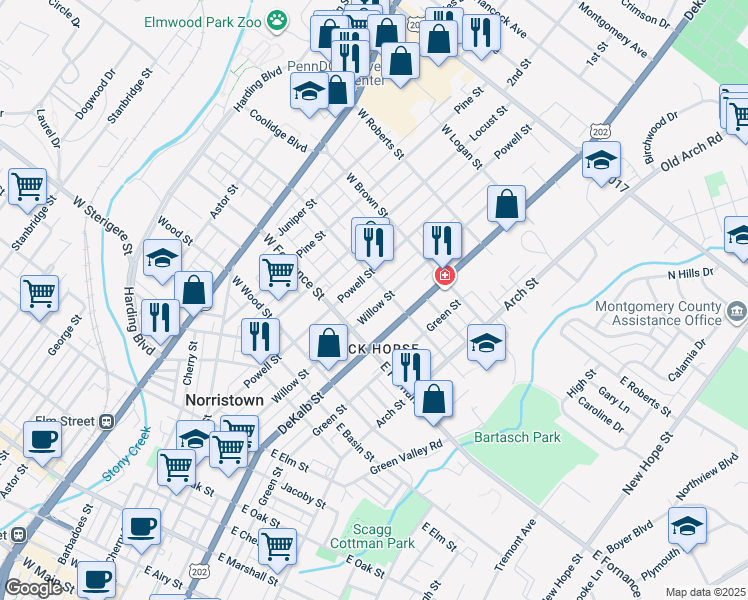 map of restaurants, bars, coffee shops, grocery stores, and more near 1449 Willow St in Norristown